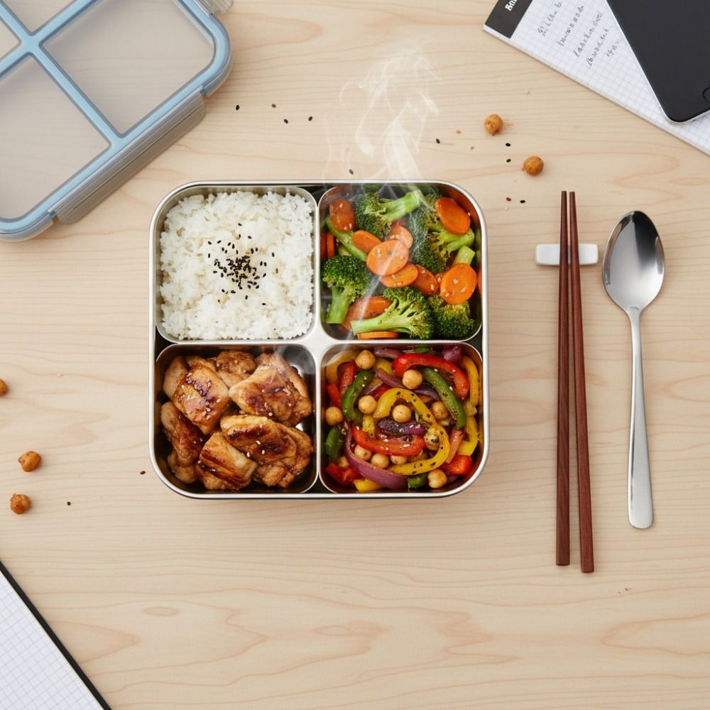 Food Storage Microwave Safe - 청소가 용이한 사각형 4칸 도시락통, 누수