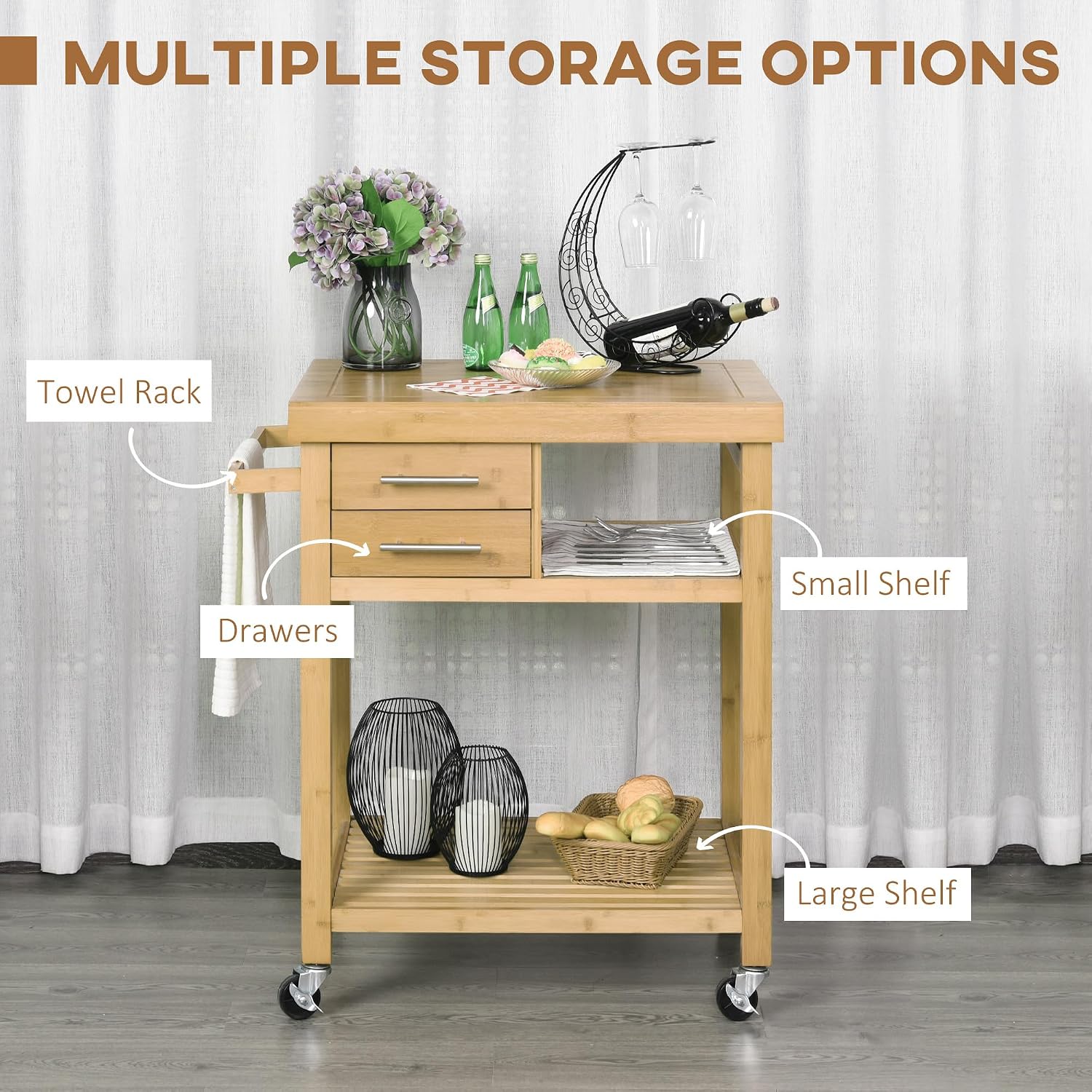 대나무 주방 아일랜드 카트(바퀴 포함), 2개의 수납  - Food Storage On Wheels 리뷰 및 가격